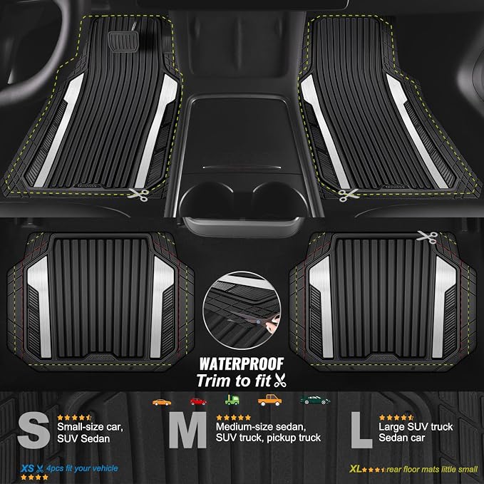 CAR PASS Heavy Duty Rubber Car Mats Metallic, Aluminum Film All Weather Floor Mats Waterproof Universal Trim to Fit for SUV Sedan Van 4 Piece Deep Dish Two-Tone Sporty Black Silver Chrome