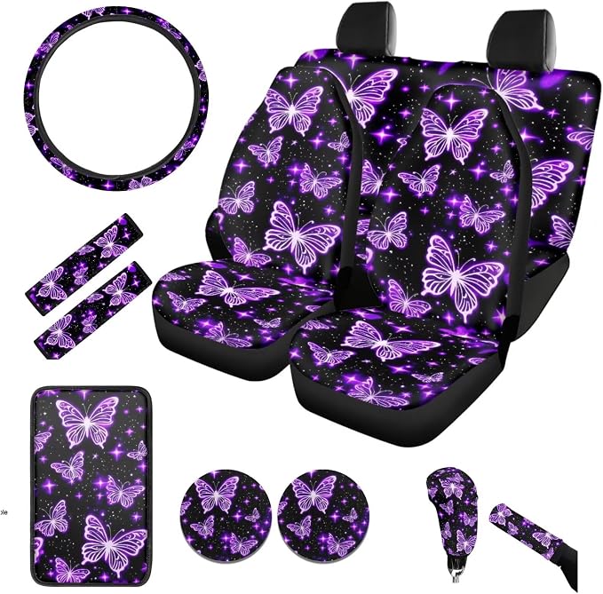 BIGCARJOB Purple Butterfly Car Seat Covers Full Set 12 Pcs Womens Auto Interior Accessories Butterfly Print Steering Wheel Covers,Armrest Seat Box Cover Cushion,Cup Mats,Universal Fit