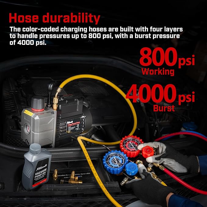 XtremepowerUS 4.5 CFM AC Vacuum Pump & 1/3HP Manifold Gauge Set HVAC Systems Commercial Use Refrigerant Service Kit with Hoses & Can Taps R134, R22, R410a Gauge