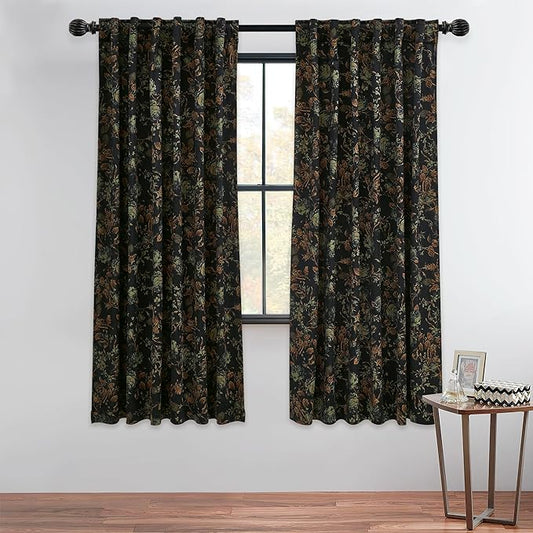 StangH Black Velvet Curtains 63 inch Length, Vintage Short Room Darkening Floral Curtains Printed Pattern Window Treatments for Bedroom Home Office, W52 x L63, 2 Panels