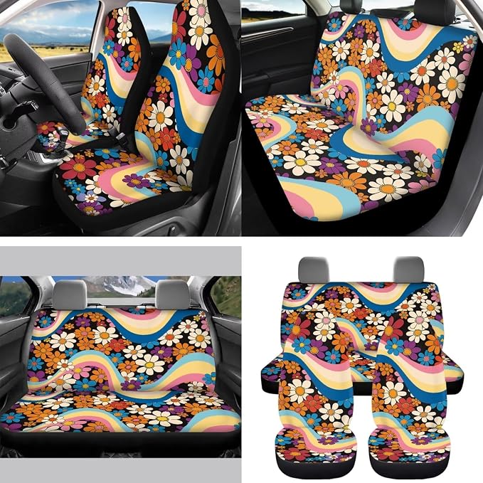 Hippie Flower 15 Pack Car Seat Cover Full Set with Car Steering Wheel Cover Auto Seat Belt Pads Cup Coaster Trash Can Rear View Mirror Cover Coasters Keychain
