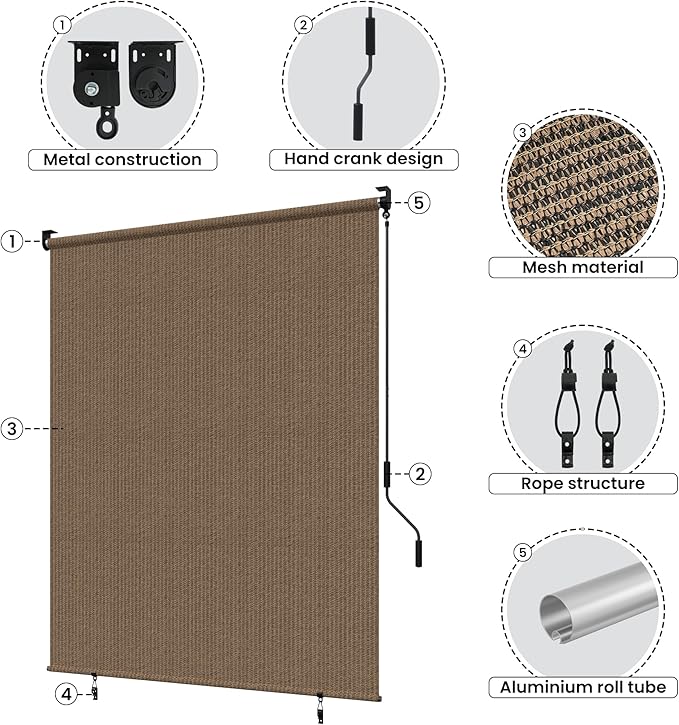 Grandekor Outdoor Roller Shade,8' W x 8' H,Patio Roll Up Shade Cordless,Outdoor Privacy Screen with 220GSM HDPE Aluminum,Wand Operation,Exterior Roller Shade Cloth for Porch Gazebo Backyard,Mocha