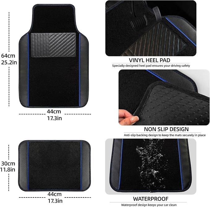NBTEPEM 10 Pcs Car Floor Mats Full Set Car Accessories, Microfiber Leather Steering Wheel Covers 14.5-15 inch, Center Console Cover, Seat Belt Pads, Cup Coasters, Universal Interior Decor(Blue)