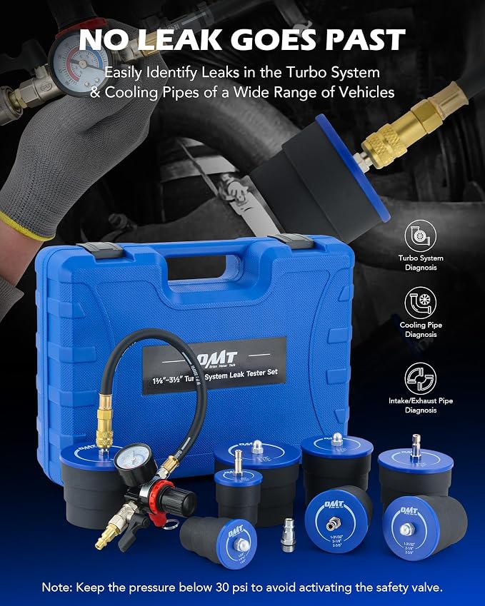 Orion Motor Tech Turbo System Leakage Tester Kit, 10pc Turbo Boost Leak Tester Set with 4 Pairs of Stepped Adapters 1-3/8" to 3-1/2", Turbo Pressure Leakage Tester for Cooling Emissions Exhaust Pipes