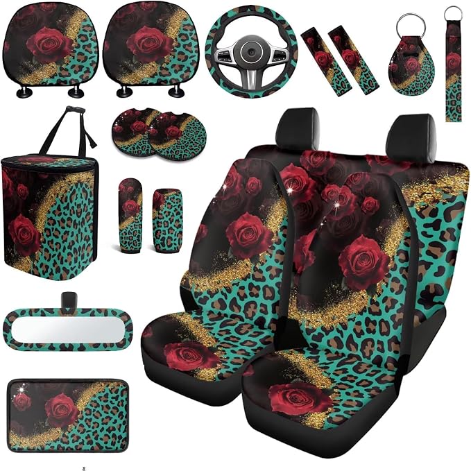 Rose Leopard Print Car Seat Covers Full Set 18 Pcs Universal Car Interior Accessories Set with Leopard Print Car Headrest Covers Seat Belt Pads Cover Funda Para Volante De Carro Universal Fit