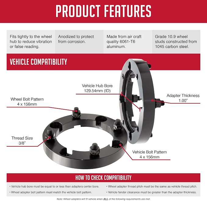 Wheel Accessories Parts 2 Pcs ATV UTV Wheel Spacers 4 on 156mm 4x156mm 1.00 Inch Thick 130mm Hub 3/8" Thread Stud Fits Polaris