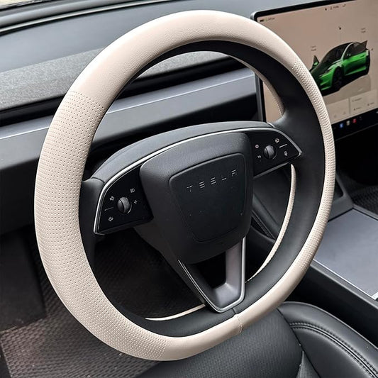 PINCTROT Nappa Leather Steering Wheel Cover for Tesla Model Y/3 Highland/Juniper, D Shaped 14 Inch Small Sized with Breathable Perforation, Fit Like Gloves, Flat Bottom 14 Inch(Nappa Beige)