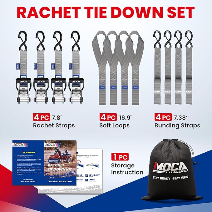 MOCA Gray Heavy Duty Ratchet Tie Down Straps - 5,200 Lbs Breaking Strength 1.6" x 8', Includes 4 Heavy Duty Ratchet Padded Handles & Coated Chromoly S Hooks & 4 Soft Loop Tie-Downs
