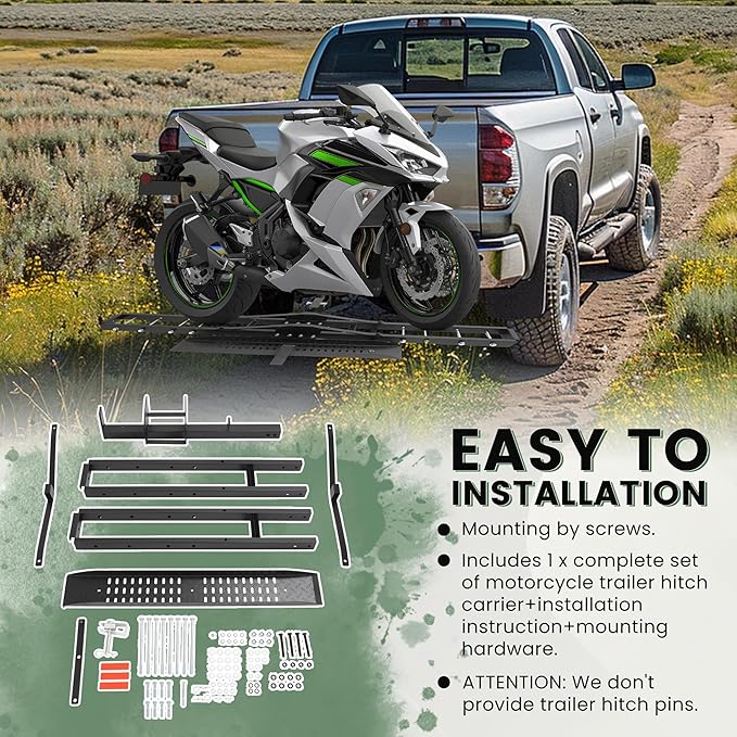 ECOTRIC 500LB Hitch Mount Motorcycle Carrier Transportation Racks Hitch Mount Rack Dirt Bike Hitch Truck Heavy Duty Steel Powder Coated Black w/Loading Ramp Tilt Stability Locking Device
