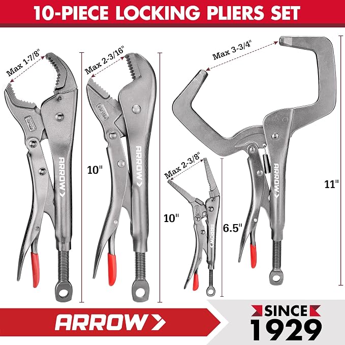 ARROW 10-piece Locking Pliers Set with Tool Bag, Chromium-Molybdenum Vice Grips, 5"/7" Curved Jaw, 6.5"/9.5" Long Nose, 7"/10" Straight Jaw, 7"/10" V-Jaw, 6"/11" C-Clamp Vise Grip Pliers