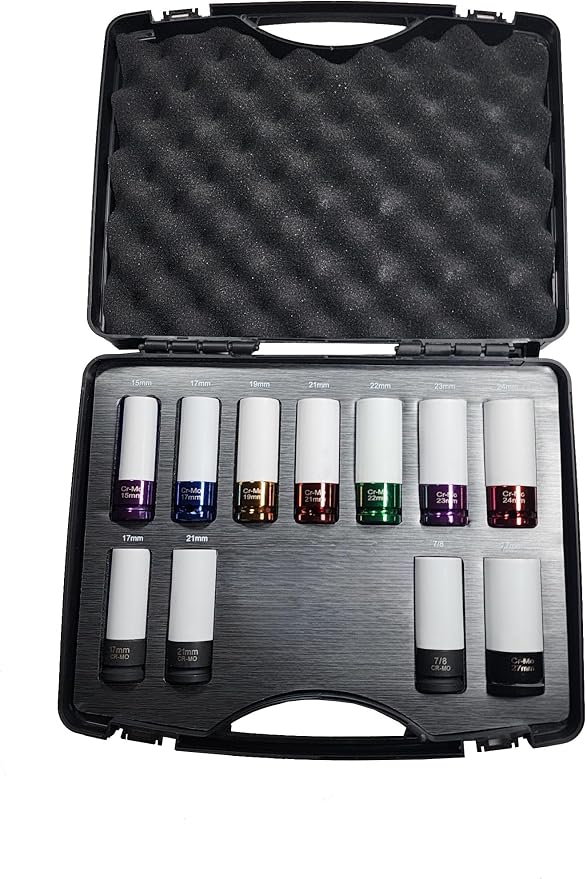 VCT 11pc Metric and SAE Wheel Nut Protector Impact Socket Set, 1/2" Drive, Includes specialty sockets compatible with Telsa, Hyundai, Mercedes-Benze