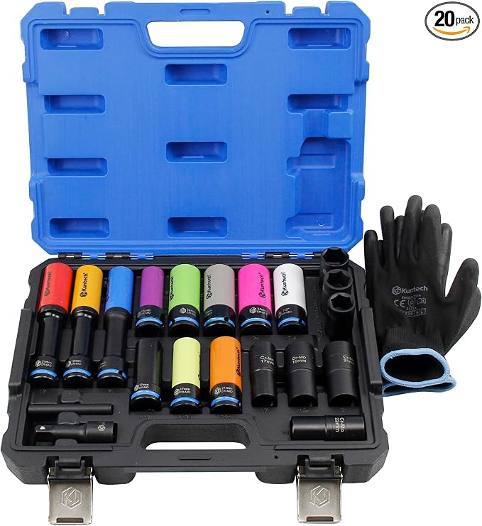 Kuntech 20Psc 1/2" Drive Lug Nut Socket Set Color Coded by Size, Thin Wall Non-Marring 6-Point Impact Lug Extractor Kit, Rugged Construction, Flip Turbo Socket Set with a Storage Cage