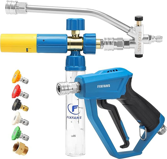 FIXFANS Pressure Washer Gun with Mini Foam Cannon, Dual Connector Accessory, Car Wash Foam Gun Kit - No-Dilution Foam Cannon Pro, 5 Power Washer Nozzle Tips & M22 Adapter, 1/4" Quick Connect