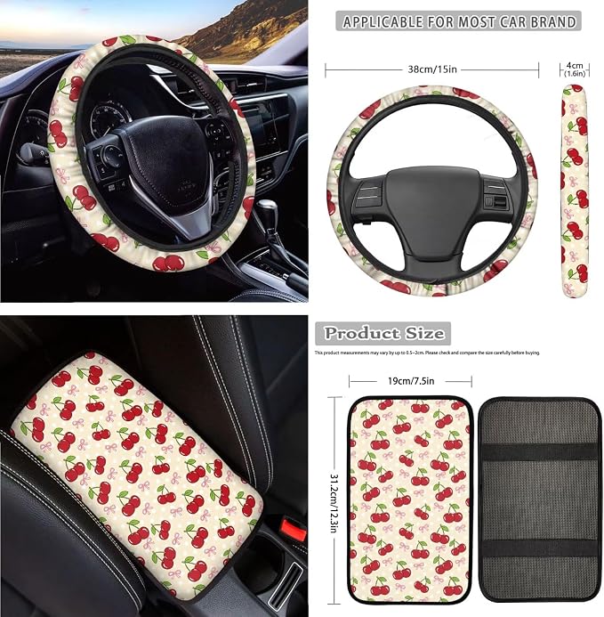 Cherry Print Car Seat Covers Front and Back Full Set with Headrest Covers Steering Wheel Cover Safety Belt Pads Armrest Cushion Cup Coasters for SUV Truck Sedan, Easy to Install
