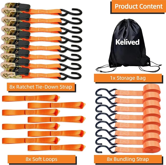 8PK Ratchet Tie Down Straps - 1in x 16feet, 1760LBS Break Strength, 8 Soft Loops, Wear-Resistant Webbing with Non-Slip Rubber Handle, S-Hooks & Storage Bag