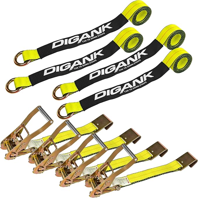 Car Tie Down Straps for Trailers (4PK) Flat Hooks Lasso Style and 2'' X 96'' Tie Down Webbing Easily Secure Tire Tie-Downs for Any Car, SUV, Jeep or Sports Car