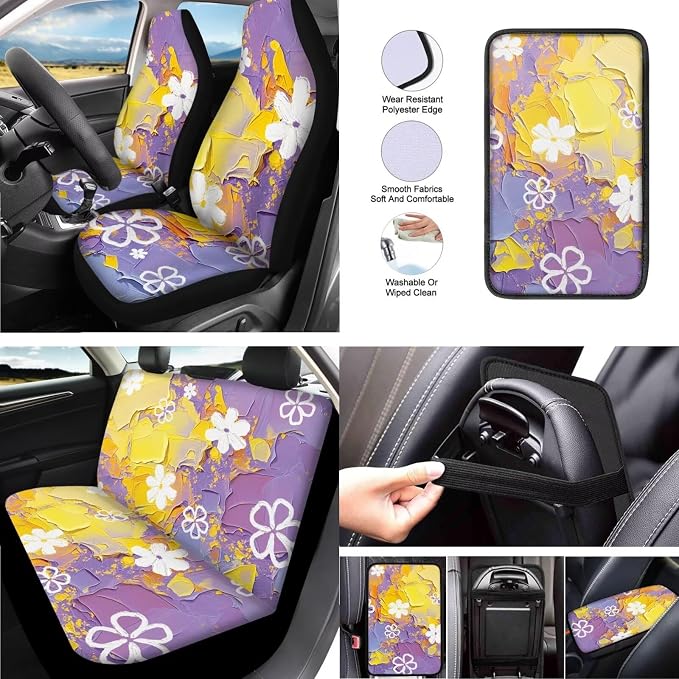 Daisy 13 Pcs Car Seat Covers, Flower Relief Print Universal Driver Seat Cover Protector Armrest Pad, Purple Yellow Floral Steering Wheel Armrest Cover Seatbelt Cup Mats