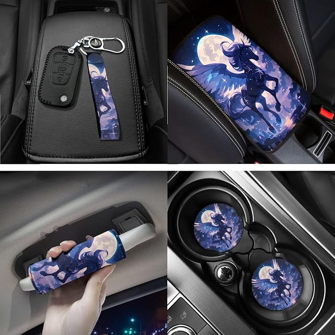 Beautiful Moon Pegasus Car Interior Accessories Set for Women, 18 Pcs Car Seat Covers with Steering Wheel Cover Floor Mats Armrest Pad Seat Belt Pads Handle Wraps Cup Coaster Keychain