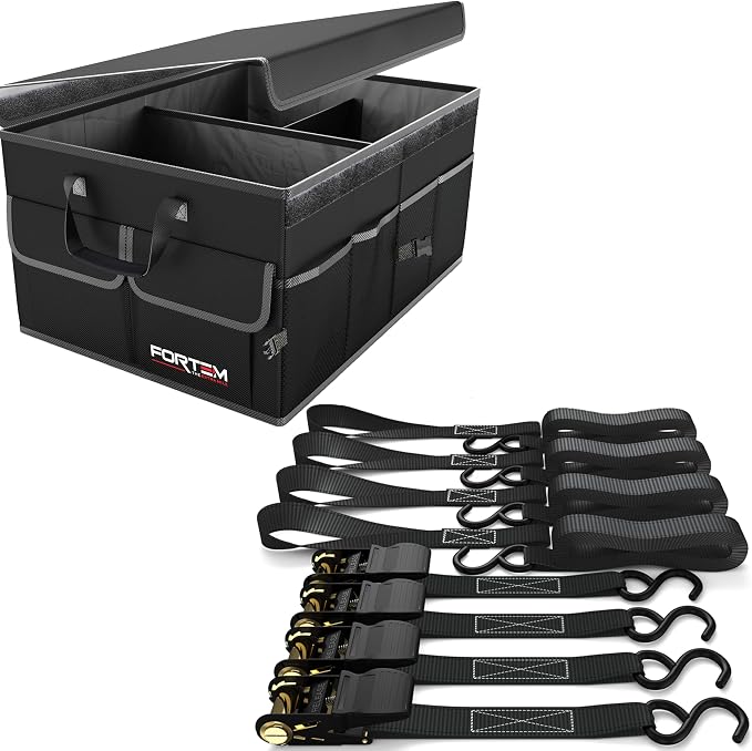 FORTEM Car Trunk Organizer (Black, Standard) + Ratchet Straps