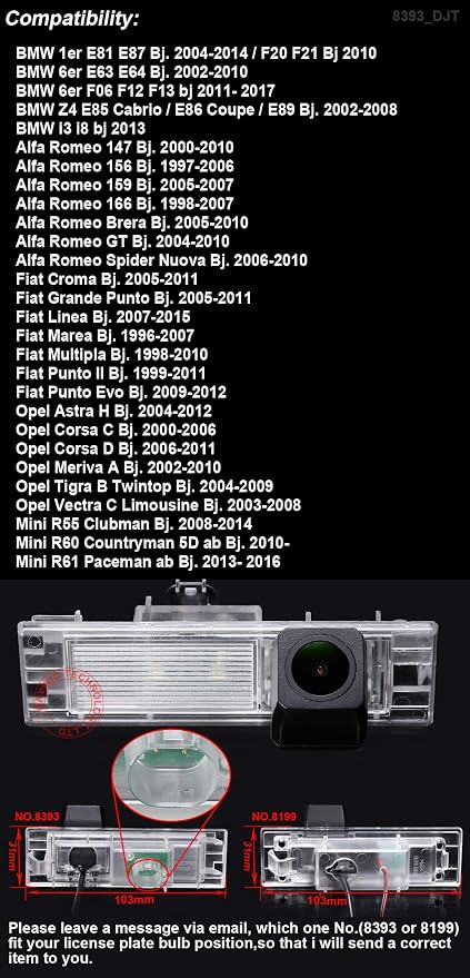AHD IP68 1280Pixels 170° Rear View Reversing Camera Compatible with BMW E81 E87 F20 F21 /E63 E64/F12 F13/Z4 E85/E86/E89/Alfa Romeo/Fiat Croma/Grande Punto/Linea/Marea/Opel Astra/Corsa/Mini R55 R60 R61