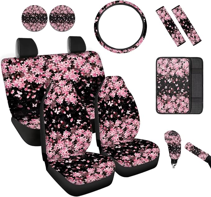BIGCARJOB Cherry Blossom Car Seat Cover Set for Women Auto Interior Accessories Pink Flower Print Car Seat Protective Universal Steering Wheel Covers Armrest Pads,Universal Fit