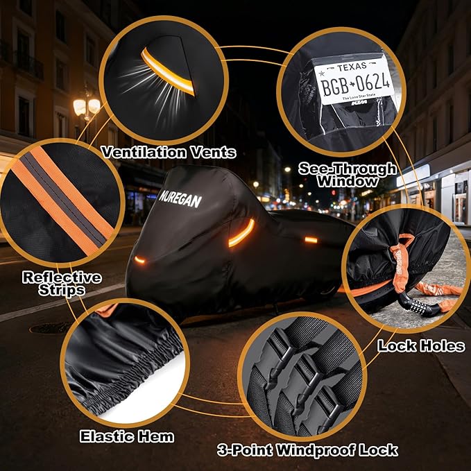 Heavy Duty Motorcycle Cover Waterproof Outdoor, Universal Fit with All Season Protection & Ventilation Vents for Harley Davidson, Indian, BMW Cruiser, Touring, ADV Storage up to 104 Inch