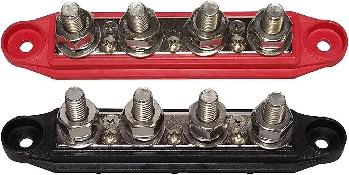 (Red & Black) 3/8" 4 Stud Bus BAR Power Distribution Block - Made in The USA - for Marine Battery Terminals, 12v Power and Ground Distribution Blocks - Terminal Block for Battery Terminals - BusBar