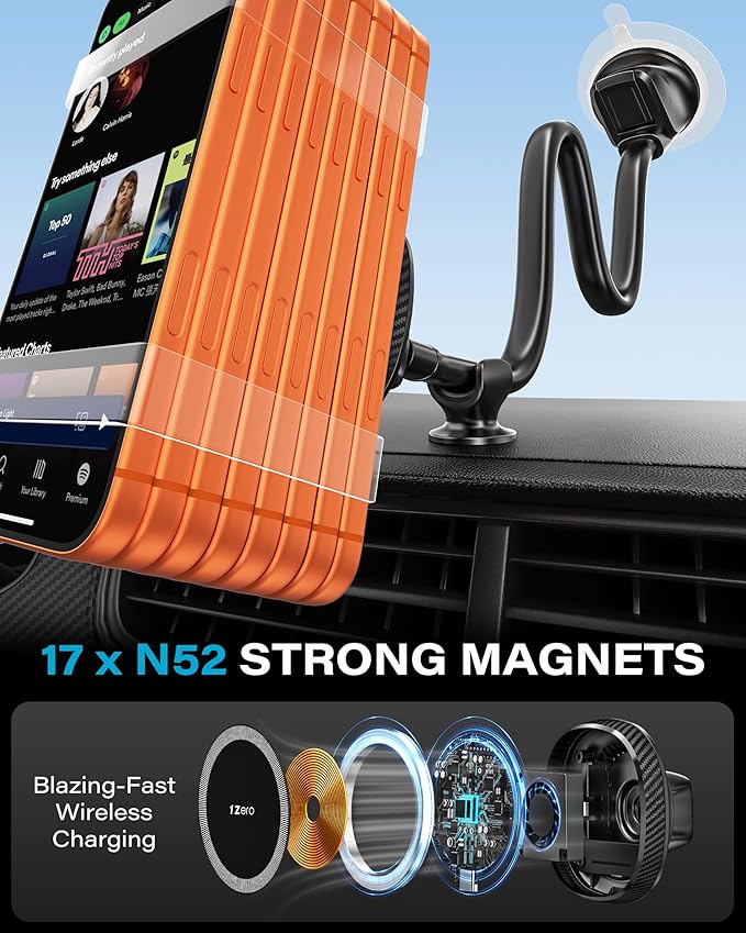1Zero for Magsafe Car Mount Charger, 15W Fast Charging – Stronger Magnetic & Suction Cup Mount for Windshield & Dashboard, Wireless Car Charger Compatible with iPhone 17/16/15/14/13/12 Pro Max