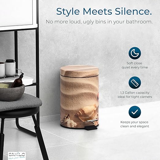 Sanilo Small Bathroom Trash Can with Lid [1.3 Gallon] - Lidded Tiny Trashcan for Garbage - Mini Metal Bin with Soft Closing Mechanism - Bath Room Accessoire Wastebin with Inner Bucket (Sanibel)