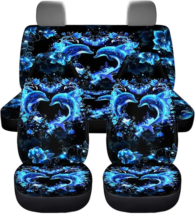 Dolphin Car Seat Covers Full Set of 11 Pack Neoprene Shift Knob Handbrake Cover+Seatbelt Pad Cover+Steering Wheel Wrap+Cup Holder Coaster for Car SUV Truck Van, Universal
