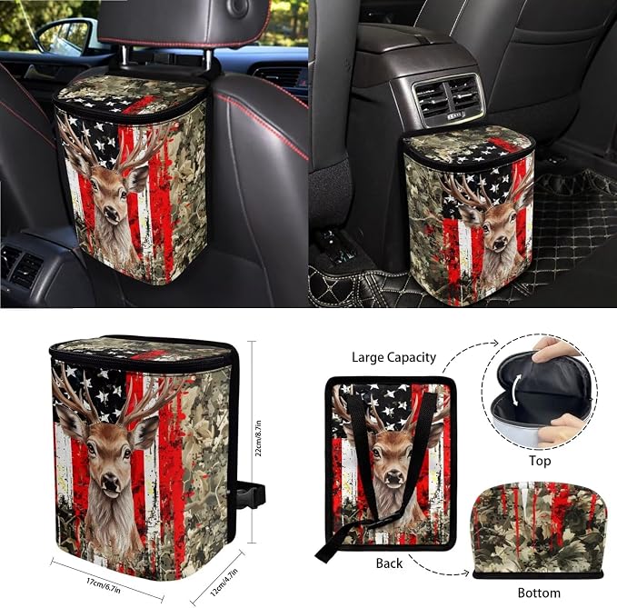 Deer Leaf Camo American Flag Print Auto Interior Sets Full Car Front Rear Seat Covers Steering Wheel Cover Seat Belt Cover Coasters Trash Can Keychain Air Vent Storage Bag 15pcs Set