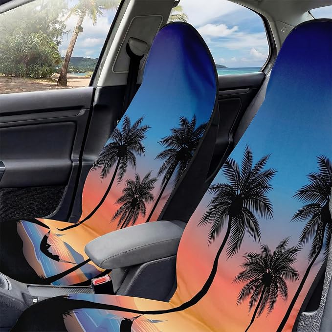 2 Pack Car Seat Towel Covers, Sweat Protector for Front Seats, Premium Thickened Microfiber with Elastic Strap, Breathable Quick Dry, Machine Washable Cover for Gym Running Universal Fit Sunset Beach
