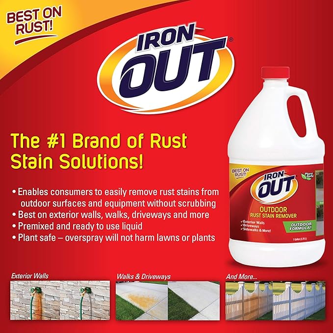Iron OUT Liquid Rust Stain Remover, Pre-mixed, Quickly Removes Rust Stains from Concrete, Vinyl and Other Outdoor Surfaces, No Scrubbing, Safe to Use, 2 Gallons