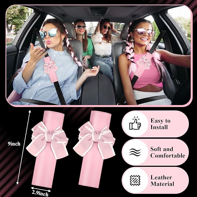 38 Pcs Pink Car Accessories Set for Women Bow Car Accessories Pink Seat Belt Cover Bow Hook Coaster Bling License Plate Decoration