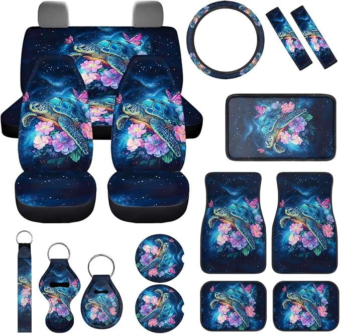 Sea Turtle Car Cover Seats Full Set with Steering Wherl Cover Seat Belt Cover Pad Turtle Flower Car Accessories Set 17 Pcs Car Floor Mats Set of 4 Auto Supplies for Women,Universal Fit