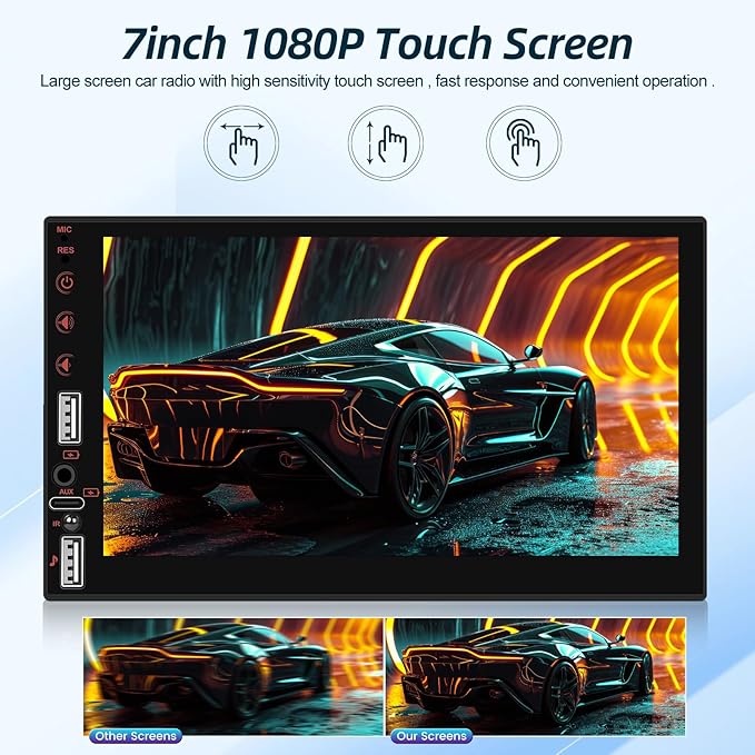 NHOPEEW Single Din Stereo with Wireless Carplay and Android Auto - 7 Inch Touch Screen Car Radio - Online Video/EQ Audio/Mirror Link/SWC/Bluetooth/FM/USB Charging + 12leds Backup Camera