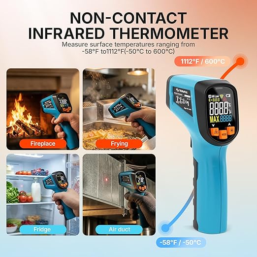 Tilswall Infrared Thermometer, Laser Temperature Gun, -50°C~600°C (-58F~1112F)with Adjustable Emissivity, for Cooking/Pizza Oven/BBQ/Vehicle Repair, Meat Thermometer included, Not for Human(blue),W301