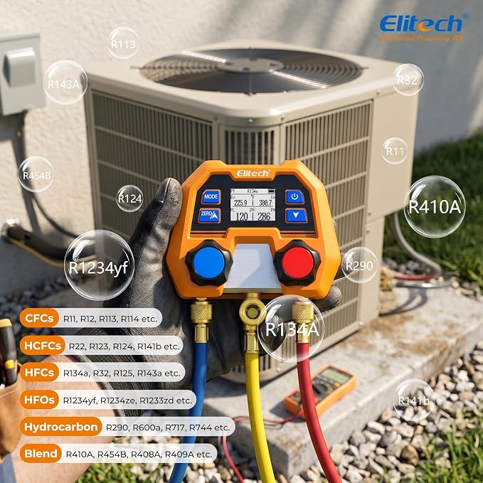 Elitech HVAC Gauge Set, Digital Manifold Gauge Set for HVAC & Automotive Systems, Supports 88 Refrigerants, DMG-2SE with 3 Color Hoses & 2 R410A Adapters