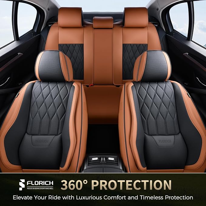 FLORICH Automotive Seat Covers Leather Seat Covers Front Seat Driver Seat Covers with Lumbar Support Luxury Car Seat Covers Waterproof Seat Cushion Universal Fit for Most Cars Trucks SUV, Brown&Black