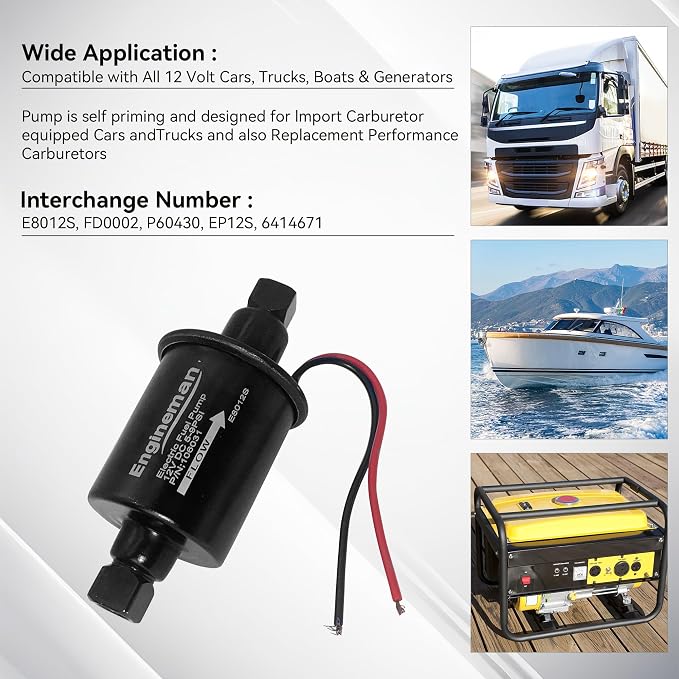 Universal Electric Fuel Pump 12V 5-9 PSI Inline External 5/16 Inch Compatiable with Gas Diesel Marine Carburetor Marine E8012S with 6.56 FT 5/16" ID Fuel Line Hose