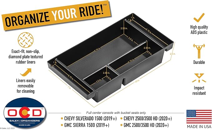 Vehicle OCD - Center Console Divider and Tray Organizer for Chevy Silverado 1500 / GMC Sierra 1500 (2019-2021) and 2500/3500 HD (2020-2023) (Full Console w/Bucket Seats ONLY) - Made in USA