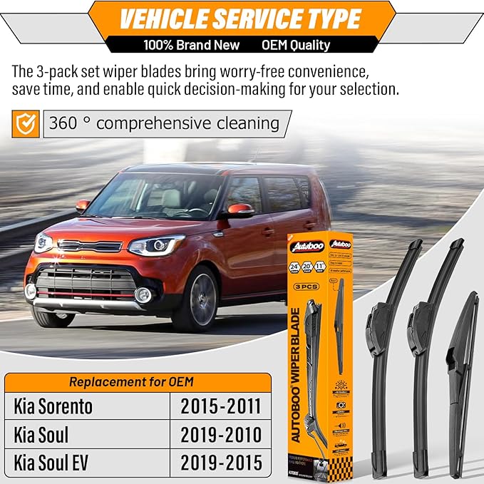 AUTOBOO 24"+20" Windshield Wipers with 11" Rear Wiper Blade Replacement for Kia Sorento 2011-2015,Kia Soul 2010-2019 Soul EV-Original Factory Quality (Pack of 3)