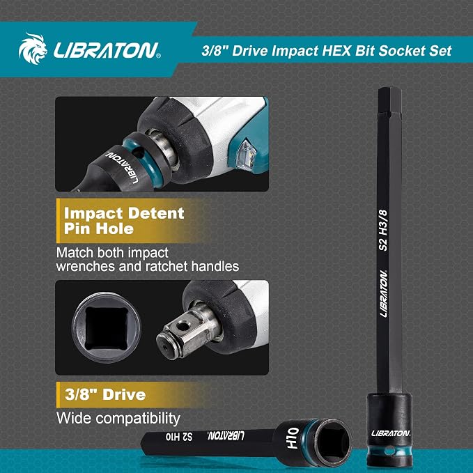LIBRATON 3/8" Drive Long Impact Hex Bit Socket Set, Allen Bit Sockets, S2 Steel Hex Head Sockets, 20PCS Allen Wrench Socket, SAE&Metric Allen Bit Socket Set, 6" Long Allen Key Socket, Blow Molded Box