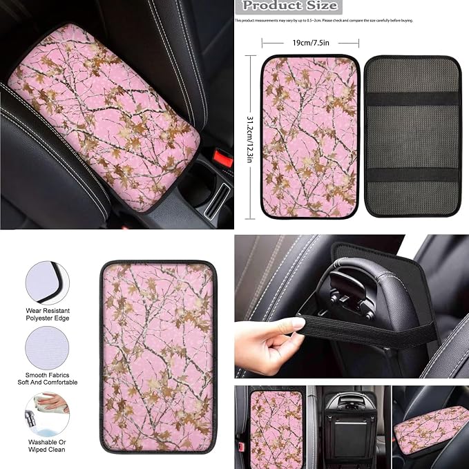 Pink Camo Maple Leaf Car Seat Covers Full Set 8 Pcs Car Accessories for Women Front Seat Cover Steering Wheel Armrest Cover Seat Belt Cover for Auto SUV Interior Decoration