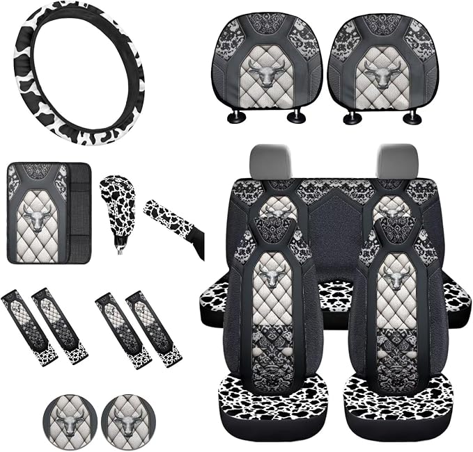 Lotusorchid Cow Print Seat Covers for Cars Full Set of 16, Washable Front and Rear Split Bench Seat Cover and Steering Wheel Cover, Decorative Automobile Interior Set for Men Women