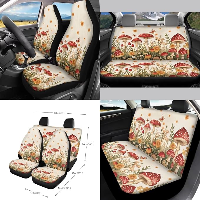 Cottagecore Mushroom Butterfly Daisy Car Seat Covers 15Pcs Full Set Car Steering Wheel Cover Seat Belt Cover Trash Bin Air Vent Storage Box Rear View Mirror Car Cup Holder Keychain
