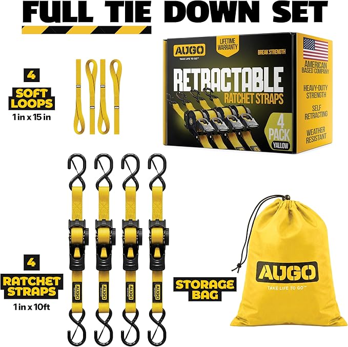 AUGO Retractable Ratchet Straps | 4 Heavy Duty Ratchet Straps Self Retractable Tie Down Straps with Soft Loops & Storage Bag for Motorcycle, Truck, Trailer, Cargo Van | 1200 Lb Break Strength 1” x 10’