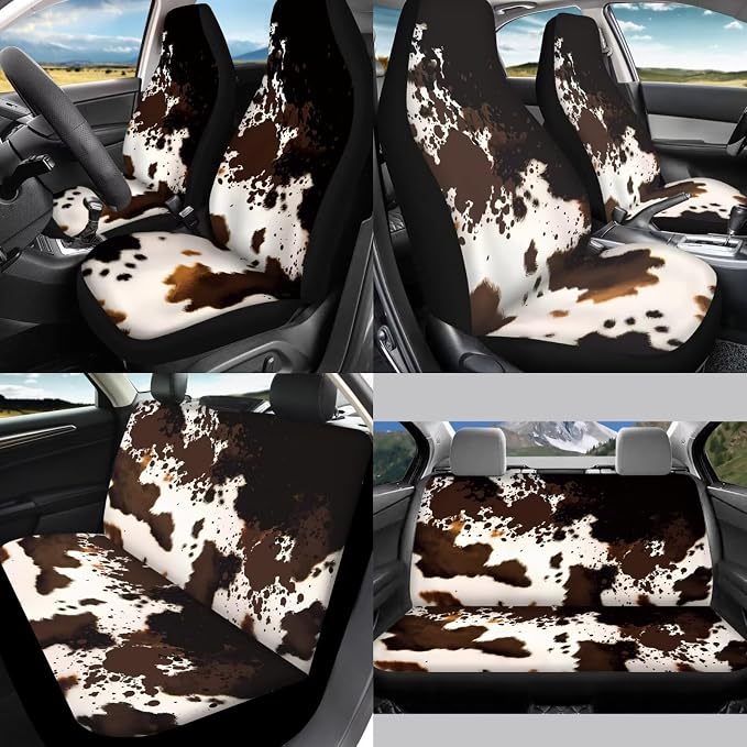 Brown Cow Print Automobile Seat Cover Set 12 Pcs Car Center Console Cover Steering Wheel Cover Auto Seat Belt Cover Decor Accessories Compatible with Most Cars,SUV