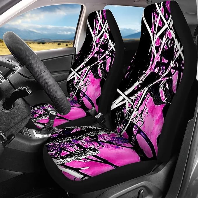 12 Pc Purple Camo Oak Hunting Print Car Seat Covers Full Set Universal Auto Protector with Steering Wheel Covers/Seat Belt Pads/Key Chain/Coaster/Lipstick Holder for Most Cars Truck Suvs
