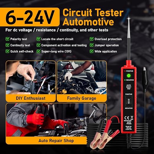 Power Circuit Probe Tester, 6-24V DC Automotive Test Light 12 Volt with 13 ft Leads Circuit Tester Breake Finder for Continuity Testing for Car SUV Truck